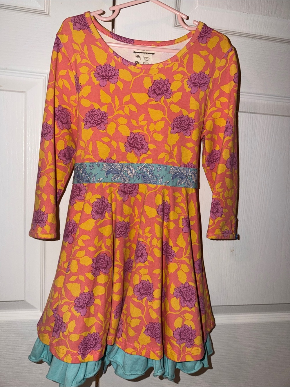 Matilda JaneGirls Floral Fit-and-Flare Dress in Orange and Purple with Teal Trim